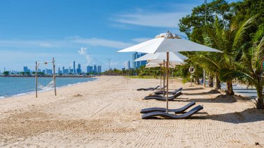 Beach chairs on the beach of Ban Amphur Beach Pattaya Thailand, a beach with beautiful palm trees and a blue ocean in Pattaya Thailand