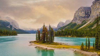 Spirit Island in Maligne Lake, Jasper National Park, Alberta, Canada. The Canadian Rockies.