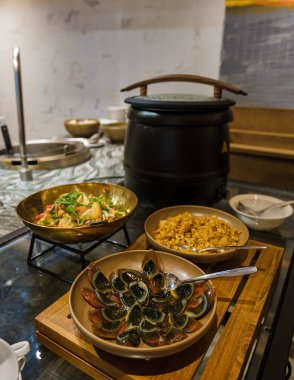 Breakfast buffet in a luxury hotel. Noodle bar at the buffet, Asian noodles counter