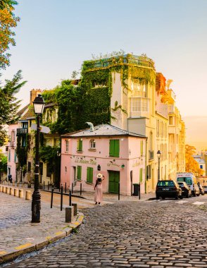 Paris France September 2021, Streets of Montmartre in the early morning with cafes and restaurants, and colorful street views. La Maison Rose cafe restaurant at Montmarte. 