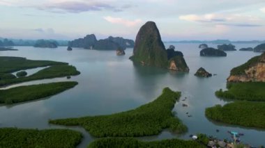 Limestone rock formation at Phang Nga Bay in Thailand, panorama view of Sametnangshe, view of mountains in Phangnga bay mangrove forest in Andaman sea with evening twilight in Phangnga