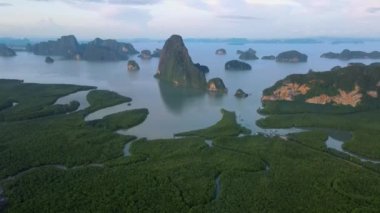 Limestone rock formation at Phang Nga Bay in Thailand, panorama view of Sametnangshe, view of mountains in Phangnga bay mangrove forest in Andaman sea with evening twilight in Phangnga