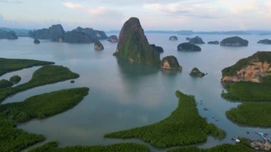 Limestone rock formation at Phang Nga Bay in Thailand, panorama view of Sametnangshe, view of mountains in Phangnga bay mangrove forest in Andaman sea with evening twilight in Phangnga