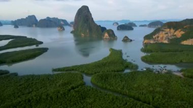Limestone rock formation at Phang Nga Bay in Thailand, panorama view of Sametnangshe, view of mountains in Phangnga bay mangrove forest in Andaman sea with evening twilight in Phangnga