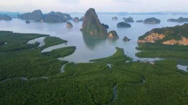 Limestone rock formation at Phang Nga Bay in Thailand, panorama view of Sametnangshe, view of mountains in Phangnga bay mangrove forest in Andaman sea with evening twilight in Phangnga