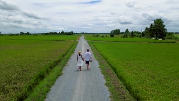 Couple Men Women Walking Road Green Rice Fields Green Rice — Αρχείο Βίντεο