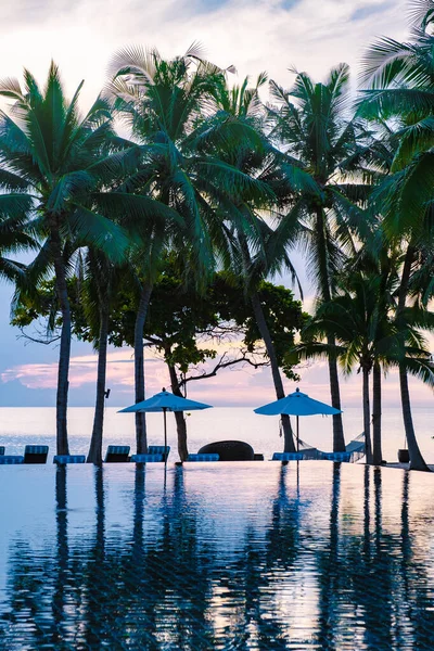 Tropisch Zwembad Met Palmbomen Ligstoelen Een Luxe Resort Zwembad Met — Stockfoto