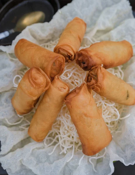 Top view of Thai spring rolls on a plate. Thai spring roll