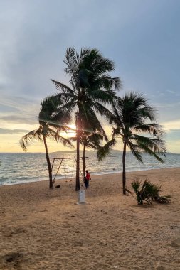 Dongtan Beach Pattaya Jomtien Tayland, gün batımında plajda palmiye ağaçları ve sahilde salıncakta sallanan çocuklar.