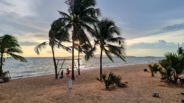 Dongtan Beach Pattaya Jomtien Tayland, gün batımında plajda palmiye ağaçları ve sahilde salıncakta sallanan çocuklar.