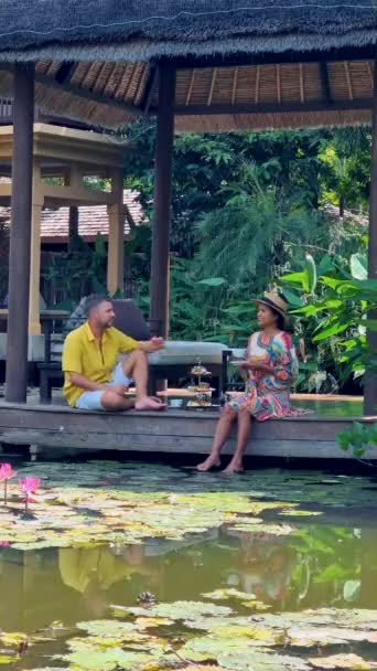 Afternoon Tea Water Pond High Tea Tropical Garden Thailand Couple — Stock Video