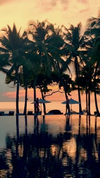 Birkaç Erkek Kadın Plaj Yataklarında Havuzda Dinleniyor Sandalyeler Tropikal Havuz — Stok video