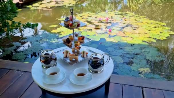 Afternoon Tea Water Pond High Tea Tropical Garden Thailand — Stock Video