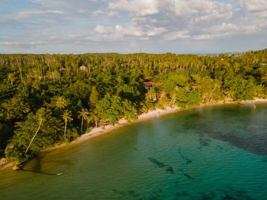 Koh Mak Tayland adasında, üzerinde palmiye ağaçları olan turkuaz renkli bir okyanus.. 