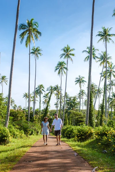 Mannen Vrouwen Wandelen Een Weg Met Palmbomen Het Tropische Eiland — Stockfoto
