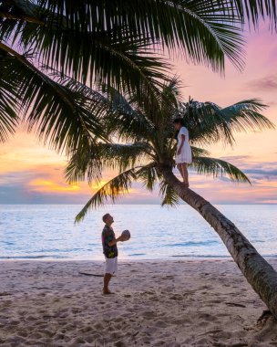 Erkekler ve kadınlar tropikal bir plajda palmiye ağacında dinlenip Koh Kood Adası 'nda gün batımını izliyorlar.. 