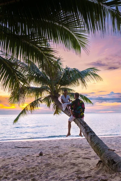 Erkekler ve kadınlar tropikal bir plajda palmiye ağacında dinlenip Koh Kood Adası 'nda gün batımını izliyorlar.. 