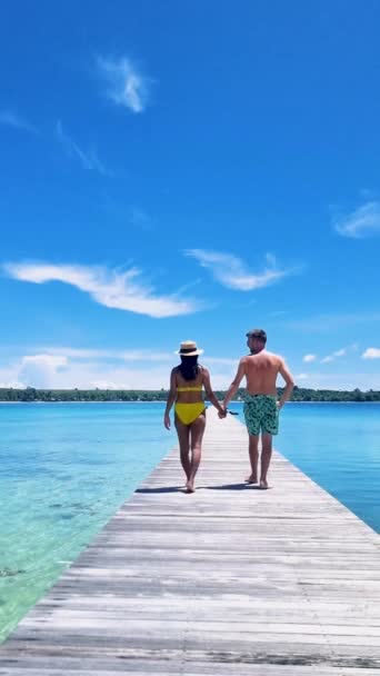 Hommes Femmes Marchant Sur Une Jetée Bois Une Île Tropicale — Video