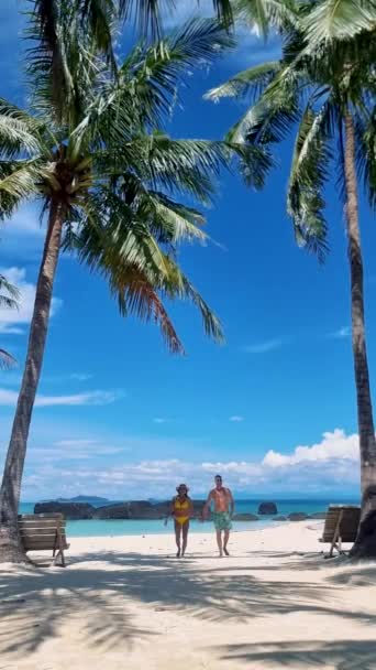 수영복을 남녀들 해변에서 수영복을 타이의 트라트는 근처의 사진을 야자나무가 모래사장 — 비디오