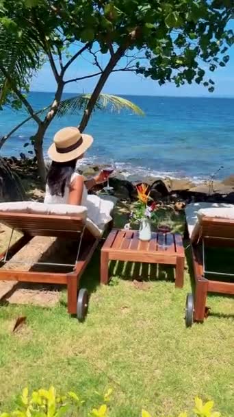Azjatki Relaksujące Się Nad Oceanem Pijące Wino Leżakami Kobiety Relaksujące — Wideo stockowe