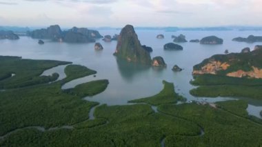 Limestone rock formation at Phang Nga Bay in Thailand, panorama view of Sametnangshe, view of mountains in Phangnga bay mangrove forest in Andaman sea with evening twilight in Phangnga