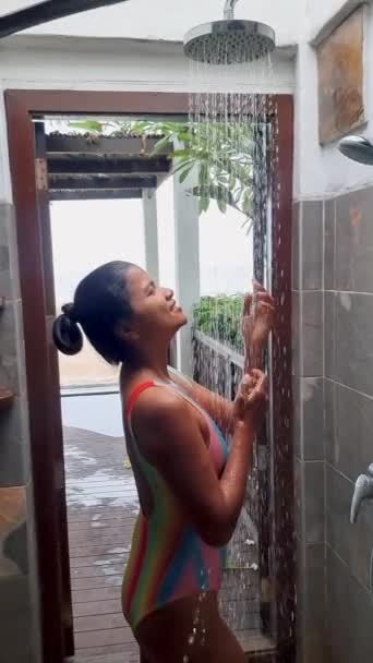 Asian Women Shower Women Outdoor Shower — Stock Video