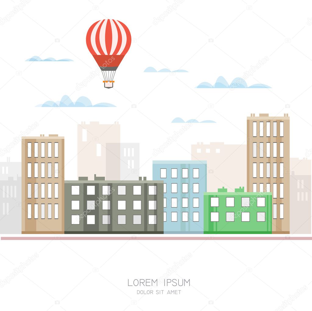 Town houses, clouds and balloon