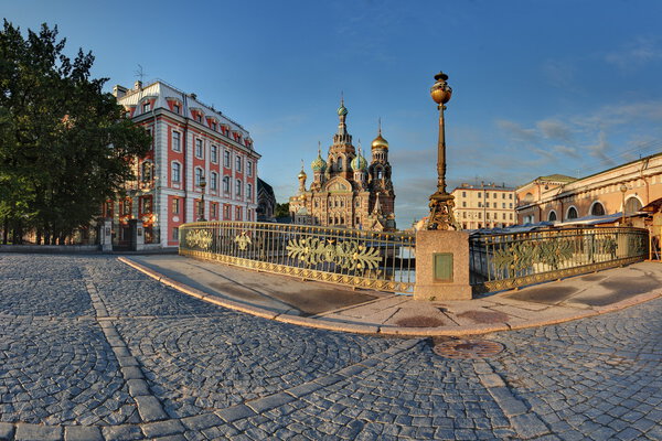 Church of the Savior on Spilled Blood and theater Bridge at sunrise in St. Petersburg