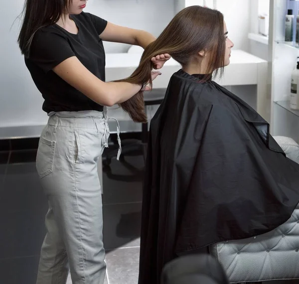 hairdresser combing hair of a client, brunette doing styling, care in a beauty salon