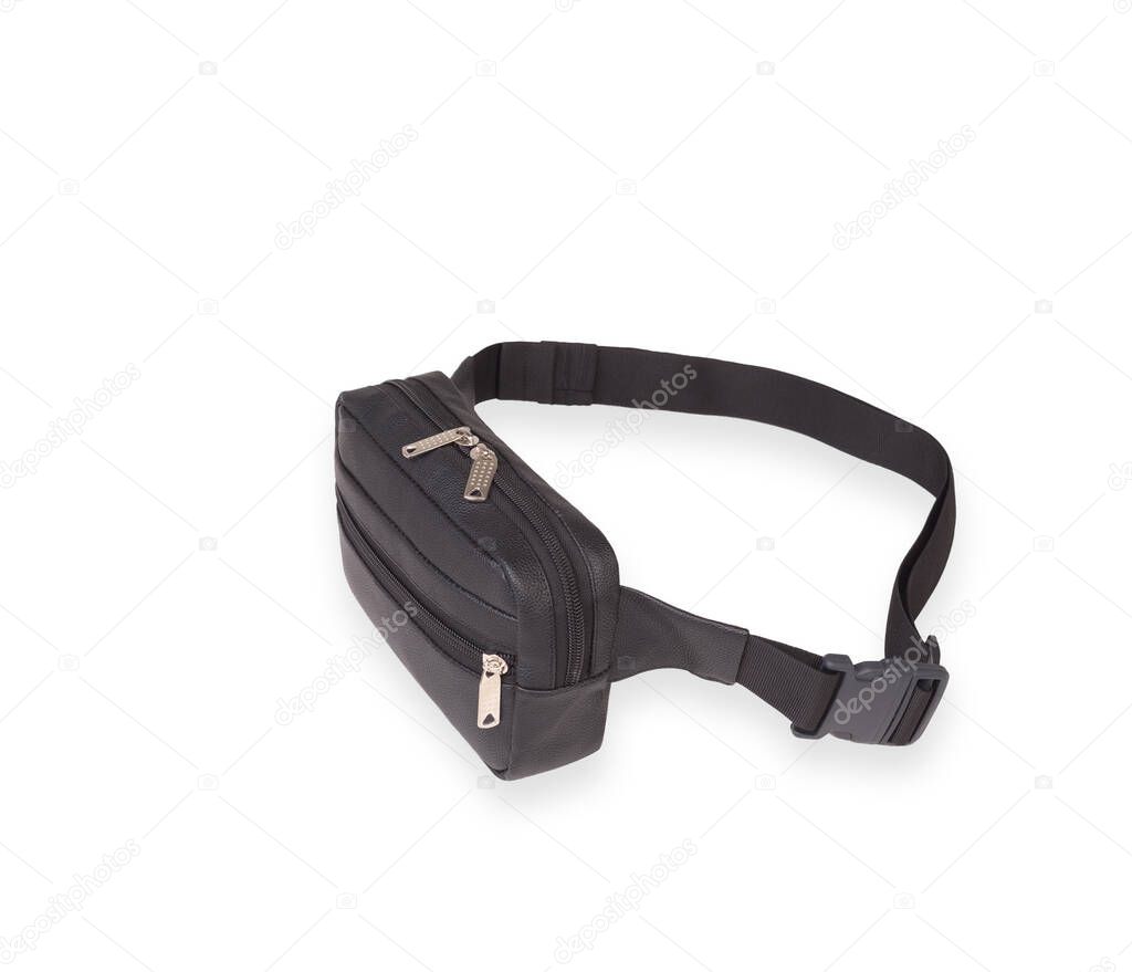  small black belt bag side view on isolated white background. black small shoulder bag.