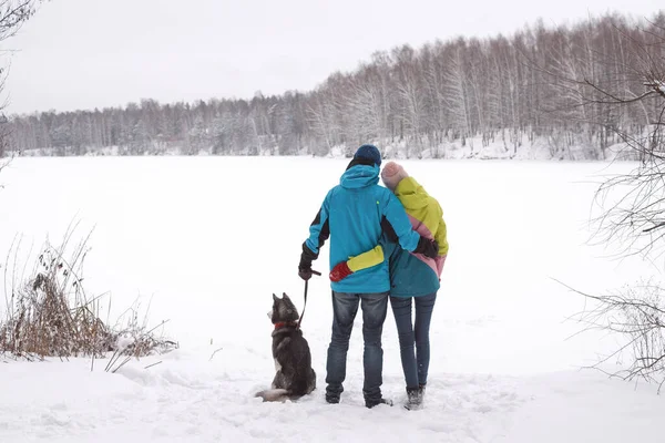 冬に犬と一緒に雪の中を歩く若い男女が ストックフォト