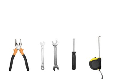 set of tools, pliers, screwdriver, wrench, tape measure isolate on white background