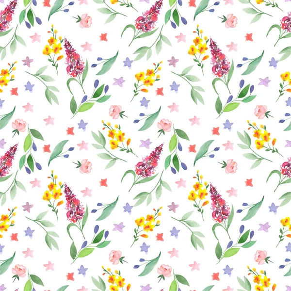 Bezešvé Akvarel Vzor Květin Listí Bílém Pozadí — Stock fotografie
