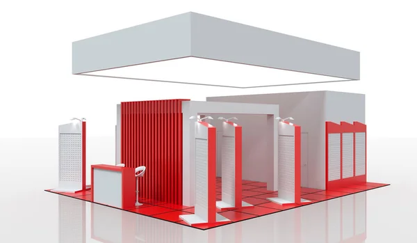 White with red details exhibition stand. For presentations. Mockup. Creative kiosk for branding. 3D rendering.