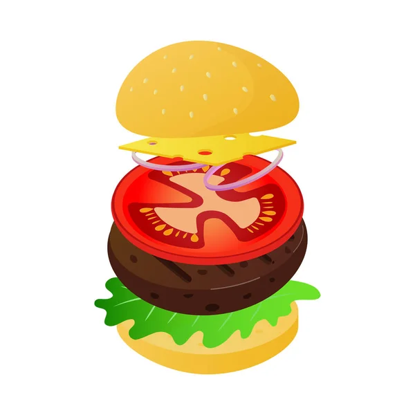 Icono de hamburguesa de dibujos animados isométricos.Ilustración vectorial aislada sobre fondo blanco. — Vector de stock