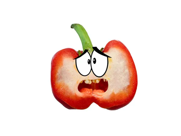 Red Bell Pepper Cut Half Cartoon Eyes Looks Sad Face — Stock Photo, Image
