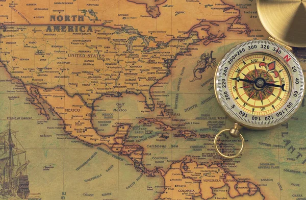Vintage world map with compass. North America Stock Image