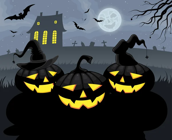 Halloween party pozadí s dýní, úplněk, netopýry a hroby. — Stockový vektor
