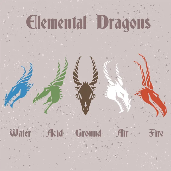 Elemental dragon face skull set silhouette — Stock Vector