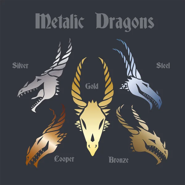 Dragon face skull set metal — Vector de stock