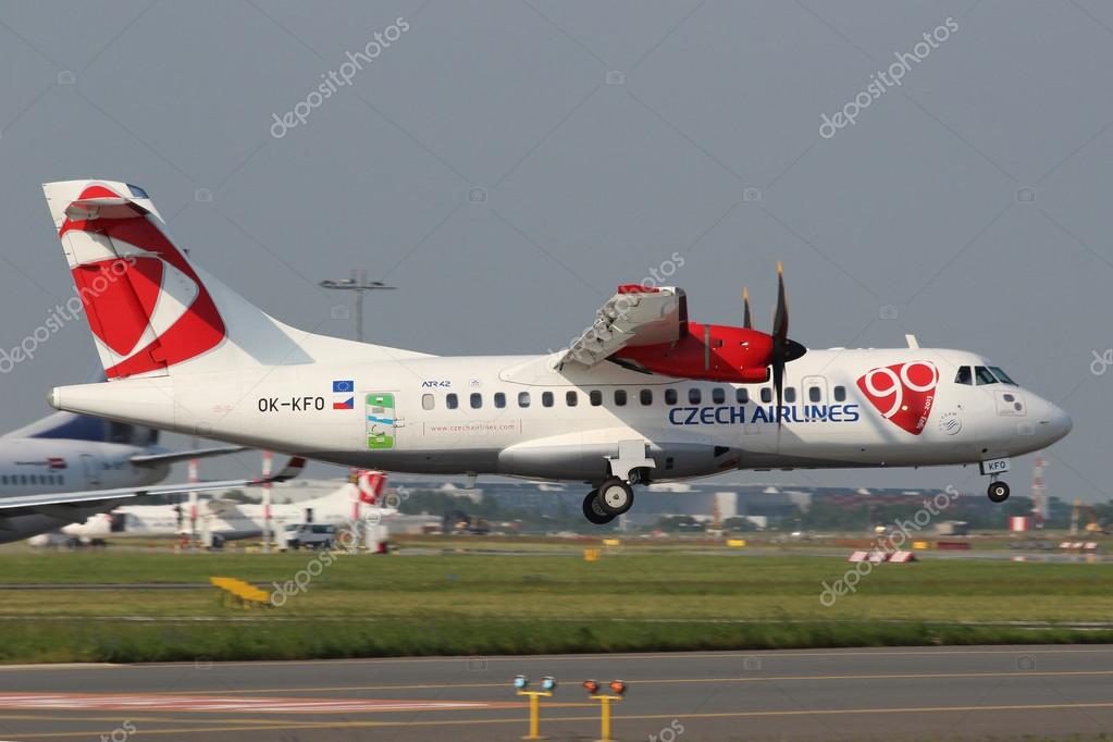PRAGUE, CZECH REPUBLIC - JUNE 19: CSA Czech Airlines ATR42-500 lands at PRG on June 19,2013. Airplane with new company logo, symbolizing the 90 years CSA hiostory. Company was founded in 1923.