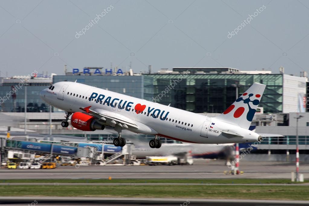 PRAGUE, CZECH REPUBLIC - APRIL 28: Holidays Czech Airlines Airbus A320-214 takes off from PRG Airport on April 28, 2012. Registration OK-HCA is in a special livery propagation Prague Airport.