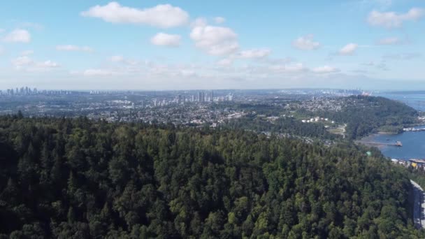 Mohutné Město Vancouver Bylo Postaveno Uprostřed Hustého Lesa Ohraničeného Obrovským — Stock video