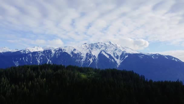 針葉樹林と雲が広がる雪の崖の上のドローンからの眺め — ストック動画