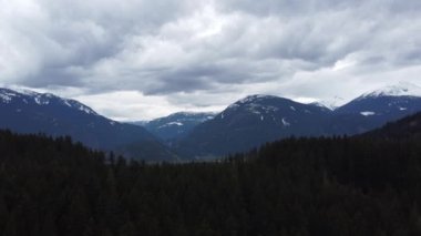 Bulutlu bir günde tepenin arkasındaki ladin ormanının tepeden aşağı manzarası