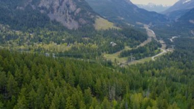 Kozalaklı orman, yollar ve tepenin yamaçlarıyla kaplı olan bölgenin yukarıdan aşağı manzarası.