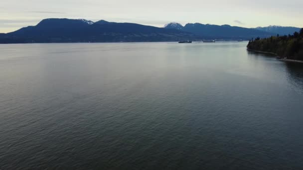 Latać Nad Morzem Pobliżu Vancouver Statki Towarowe Czeka Śnieżne Góry — Wideo stockowe
