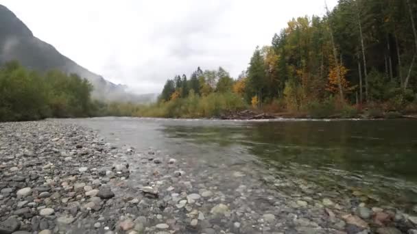 Timelapse Claro Del Río Día Nublado Con Nubes Bajas Con — Vídeo de stock