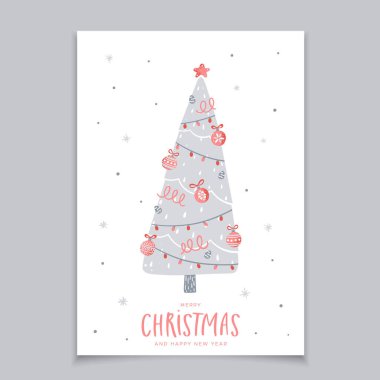 Çizgi film tarzında çelenk ve toplarla Noel ağacı. Gri ve kırmızı renkli tebrik kartı