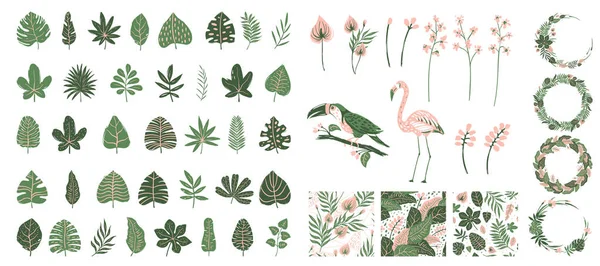 手描きで熱帯の葉 花輪やパターンの大きなセット — ストックベクタ